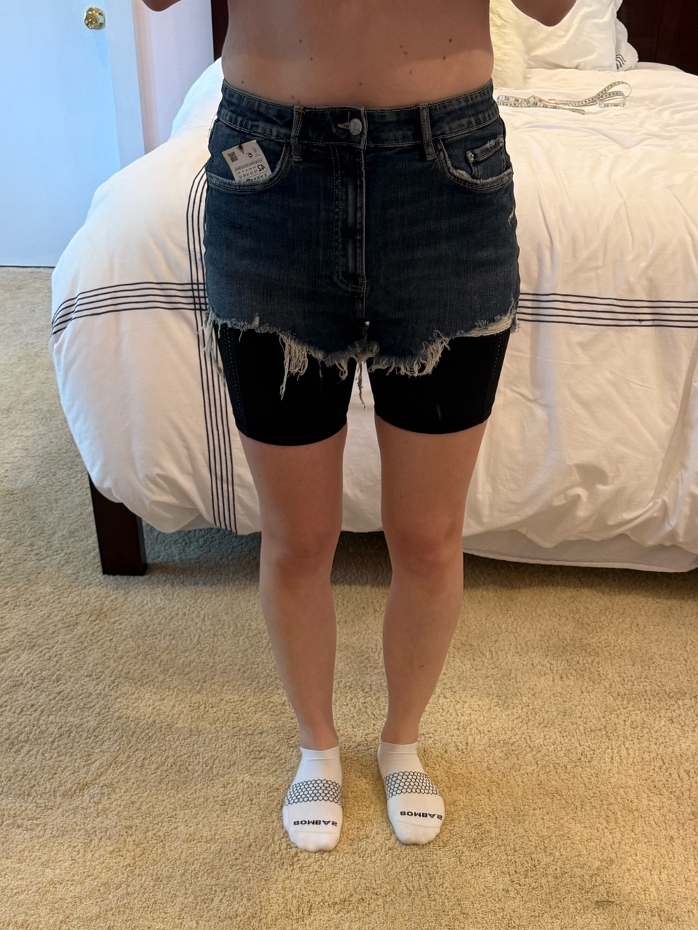 Zara Dark Blue Distressed High-Waist Denim Mini Shorts
